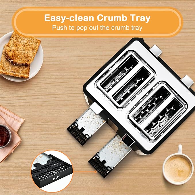 Mecity 4 Slot Stainless Steel Toaster - 4 Slice With Warming Rack, Cool to Touch, Bagel/Defrost/Reheat Functions, Removable Tray, 6 Browning Settings, Extra Wide Slots, 1500W