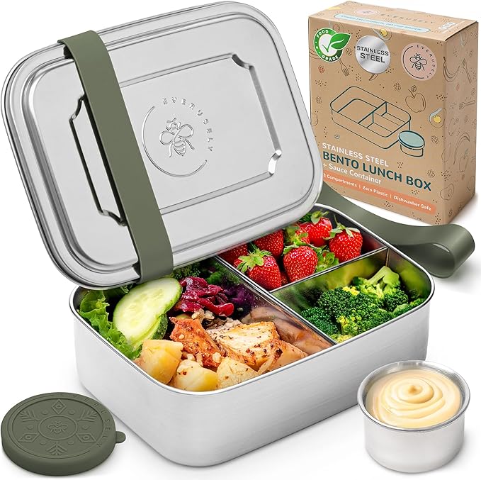 Everusely - Bento Box - Sage, 47oz / 1.4 L - Stainless Steel Lunch Box with Leakproof Condiment Container - 3 Compartment Snack Organizer for On the Go Meals - Freezer & Dishwasher Safe
