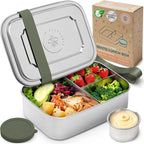 Everusely - Bento Box - Sage, 47oz / 1.4 L - Stainless Steel Lunch Box with Leakproof Condiment Container - 3 Compartment Snack Organizer for On the Go Meals - Freezer & Dishwasher Safe