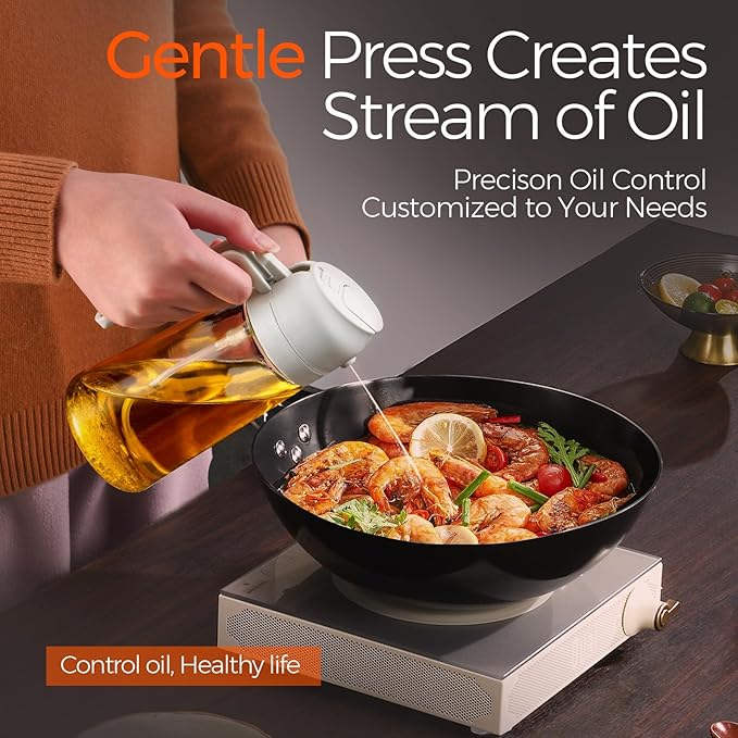 YARRAMATE 2Pcs 16oz/470ml 2 in 1 Oil Sprayer for Cooking with Stickers, Food-grade Glass Oil Spray Bottle, Oil Dispenser and Oil Sprayer for Kitchen, Salad, Frying, BBQ (White & Green)