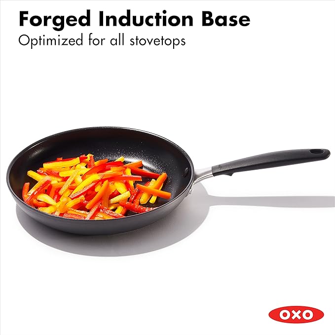 OXO Good Grips 9.5" Frying Pan Skillet, 3-Layered German Engineered Nonstick Coating, Stainless Steel Handle with Nonslip Silicone, Induction Suitable, Black