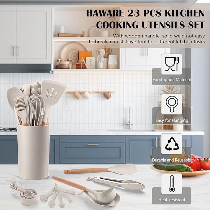 HaWare Kitchen Cooking Utensils Set, 23-Piece Silicone Kitchen Utensils Spatula Set with Holder, Heat Resistant Wooden Handle Kitchen Gadget for Nonstick Cookware, Food-grade Turner Spoon Sets (Khaki)