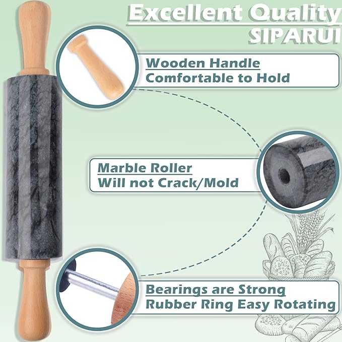 Marble Rolling Pin with Wooden Cradle Thick Handle Set for Baking,18.5 inch Premium Quality Polished Roller for Pizza Dough,Fondant,Pie Crust,Non-Stick Surface Easy to Clean(Black)
