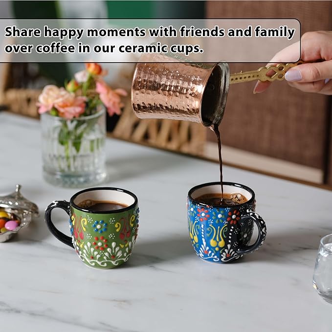 Espresso Cups Set of 2 | 4 oz Small Espresso Cups | Turkish Tea Cups | Demitasse Mugs with Handle | Modern Stackable Ceramic Espresso Mugs Set (Green/Blue)