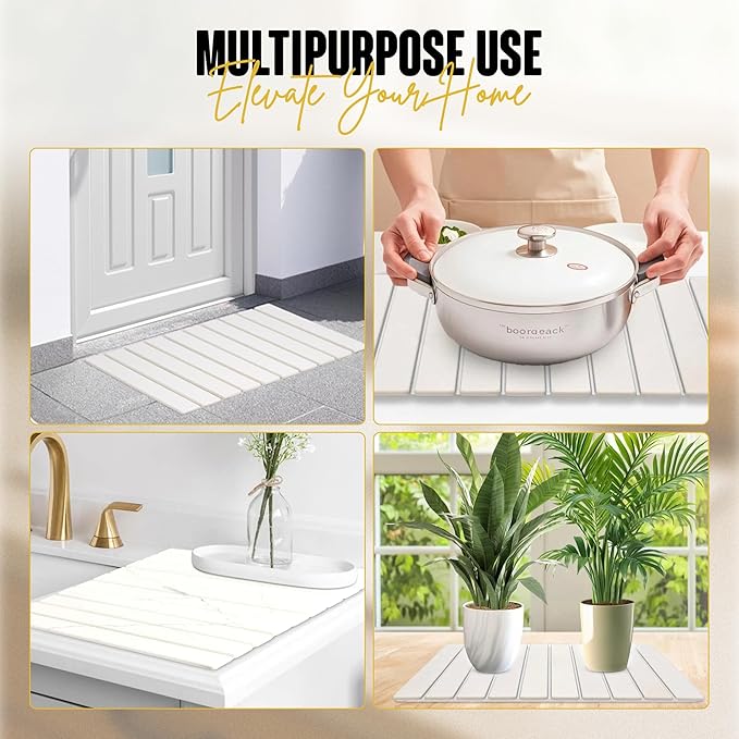 Large Stone Dish Drying Mat for Kitchen Counter, Instant Drying Pad, Super Absorbent Foldable Dish Drying Mat, 24"×16", White