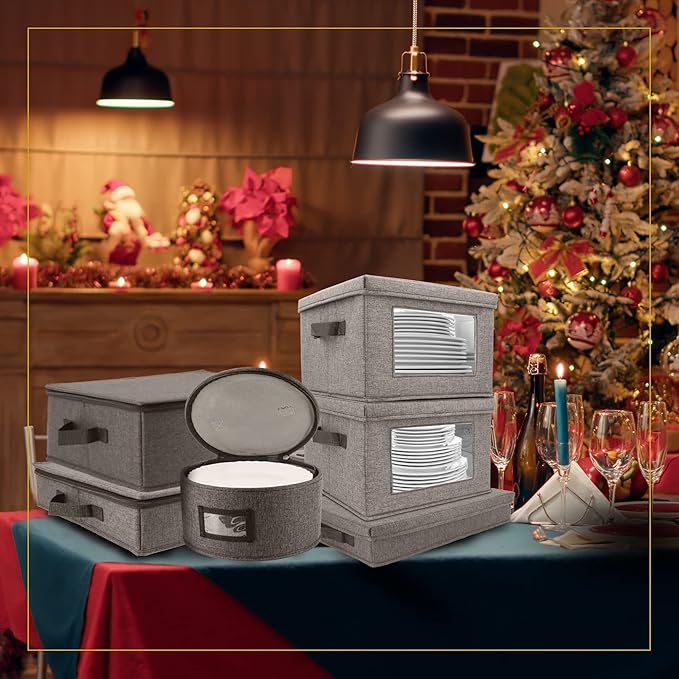 HOMELUX THEORY Hard Shell China Storage Containers for Dishes, 2pcs 10"x8" Plate Storage, Square Storage Containers with Lid, Heavy Duty Fine China Dish and Dinnerware Storage with 30 Felt Pads