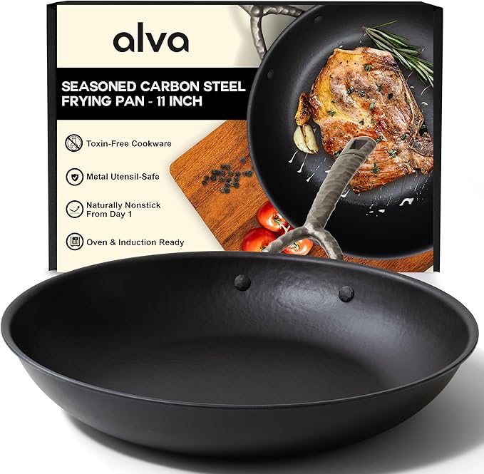 Alva Artist 11” Carbon Steel Frying Pan – Naturally Nonstick & No PTFE, PFOA, PFAS – Chef-Grade Heat Control for Even Cooking – Oven & Induction Safe – Easy to Clean & Built to Last a Lifetime