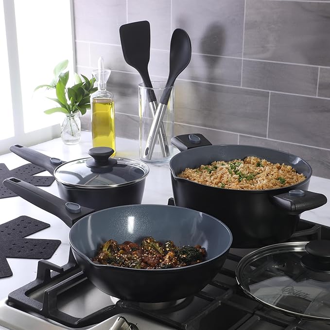 Oster SmartHandle Advance 13-Piece Ceramic Nonstick Cookware Set – Matte Black Finish, Gray Interior, Induction Base, Detachable Handles, Oven & Dishwasher Safe, With Utensils & Pan Protectors