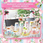 168 Pcs Floral Paper Tea Cups and Saucers Set, Severs Disposable Tea Party Supplies 6 Inch Plate, Saucer, Napkin, Paper Tea Cups with Handle for Tea Party Decorations