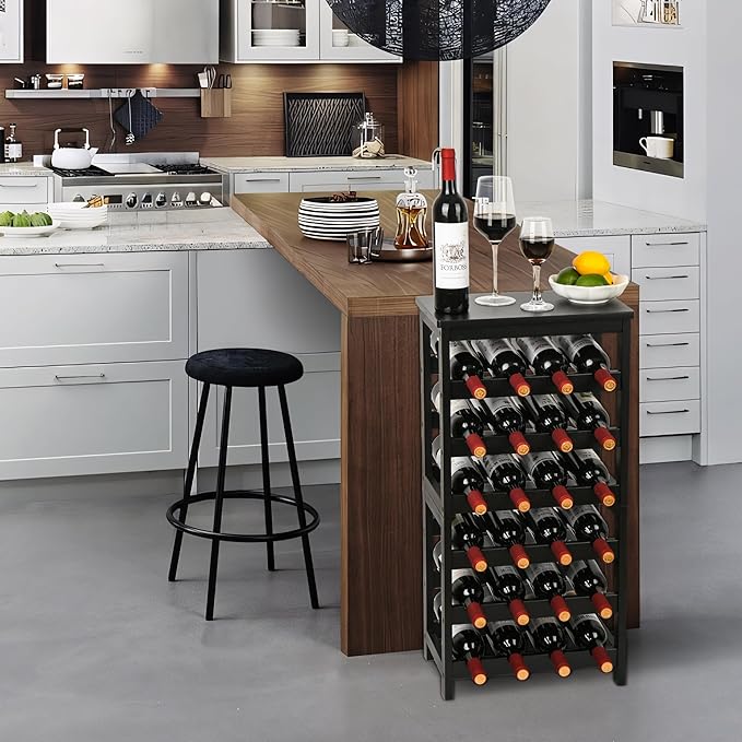 VASMIA Wine Rack Freestanding Floor, 6-Tier Display Wine Storage Shelves with Table Top, 24-Botttle Bamboo Wine Rack Shelf for Kitchen Bar Dining Room Living Room, Black