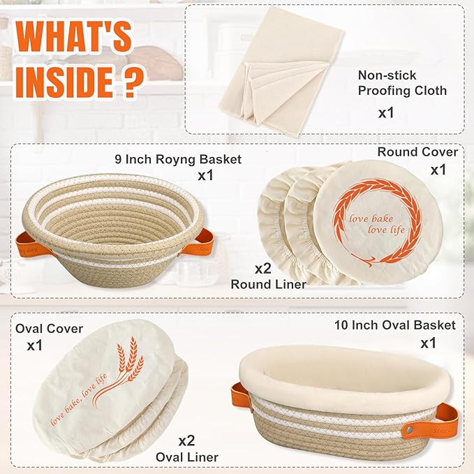 HASHMUST Banneton Bread Proofing Basket Set, 9 Inch Round & 10 Inch Oval Cotton Rope Proofing Bowls with Liners Covers & 14x19 Inch Thick Baguettes Cloth, Sourdough Dough Loaves Baking Supplies Gifts