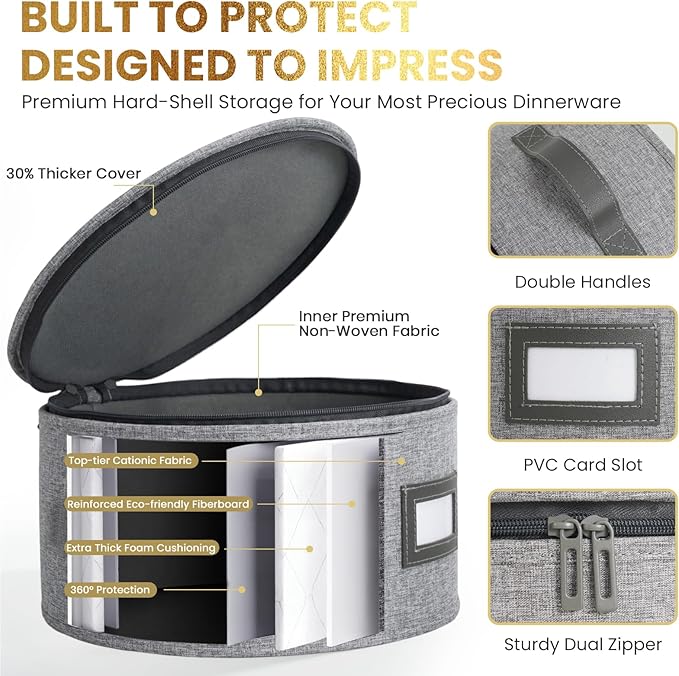 HOMELUX THEORY Saucer Plate Storage Box, 2pc LightGray Hard Shell China Storage Containers Thick Lid & 24 Felt Pads, Heavy Duty Moving Box with Handles for Dishes, Dinner Plate, & Dinnerware