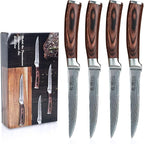 Wakoli EDIB 4-Piece Steak Knife Set – Japanese Style Dining Knives | Genuine Damascus Steel Blades with VG10 Core | Ergonomic Pakkawood Handles | Premium Steak Cutlery in Wooden Gift Box