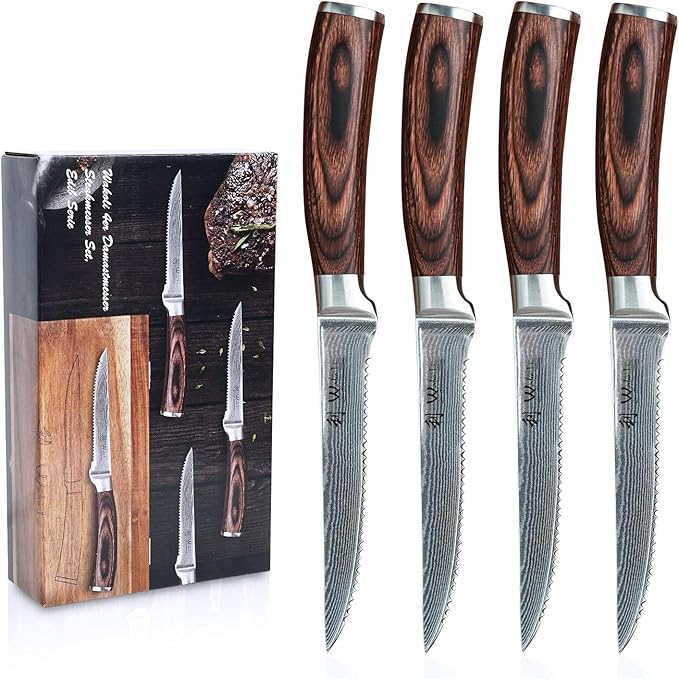 Wakoli EDIB 4-Piece Steak Knife Set – Japanese Style Dining Knives | Genuine Damascus Steel Blades with VG10 Core | Ergonomic Pakkawood Handles | Premium Steak Cutlery in Wooden Gift Box