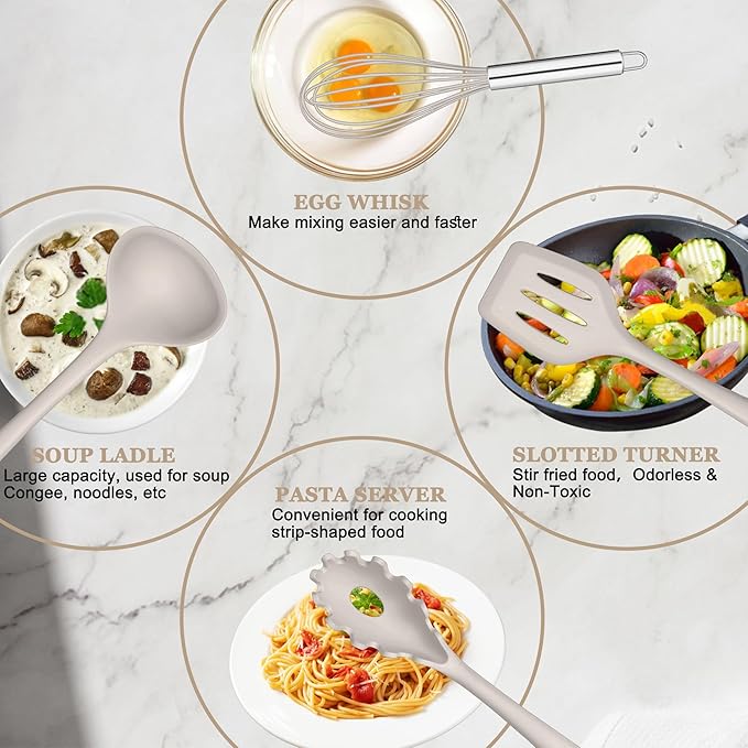 E-far 10 Pieces Silicone Cooking Utensils Set, Heat Resistant Kitchen Utensil Set for Nonstick Cookware, Kitchen Cooking Tools with Spatula, Spoon, Slotted Turner, Non-Toxic & Dishwasher Safe (Khaki)