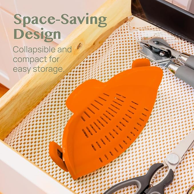 Kitchen Gizmo Snap N Strain Clip On Strainer for Pots and Pans - Adjustable Silicone Colander for Kitchen - Compact Clip-On Food Strainer for Draining Pasta and Vegetables - Orange