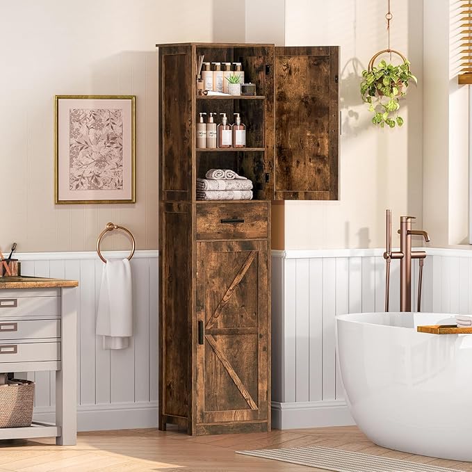 WEENFON Tall Storage Cabinet, Bathroom Cabinet with 6 Shelves & Drawer, Narrow Storage Cabinet with Adjustable Shelves, Tall Cabinet for Living Room, Home Office, Rustic Brown