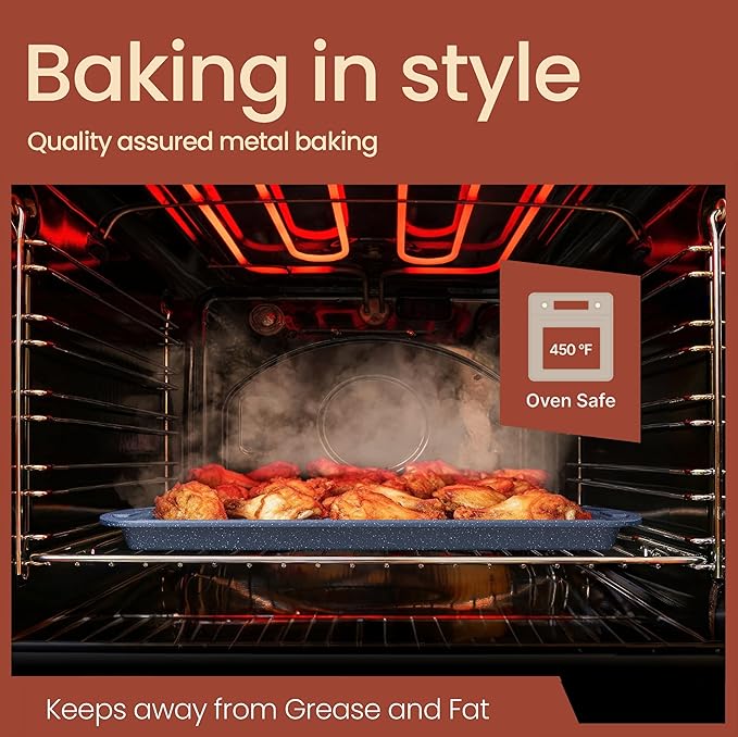 Cookie Sheet with Wire Rack Set, 2-Piece Nonstick Blue Marble Carbon Steel Pan & Cooling Rack, Space-Saving Stackable Set, PFOA, PFOS, PTFE Free, Oven Safe Up to 450°F, 17.4" Pan & 14.7" Rack