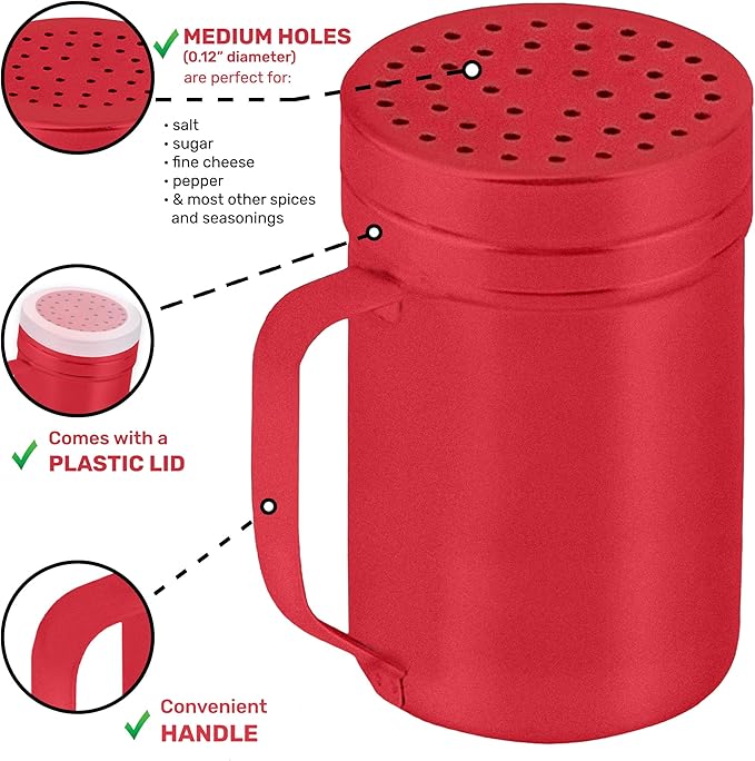 CUSINIUM 14oz Red Stainless Steel Salt Pepper Dredge Shakers - With Plastic Cap - With Handle - Pack of 2