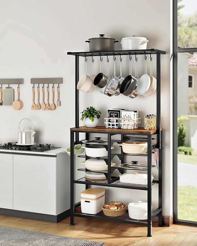 Pots and Pans Organizer Rack, Kitchen Bakers Rack, Multi-Tier Storage Shelf, Kitchen Island Table, Cooking Rack with Pots and Pans Storage, Rustic Brown and Black TPR60BF