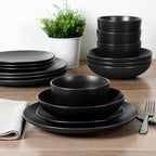 Gibson Home Queenslane 16-Piece Matte Black Stoneware Dinnerware Set – Double Bowl Plates and Bowls, Durable Kitchen Dinner Set