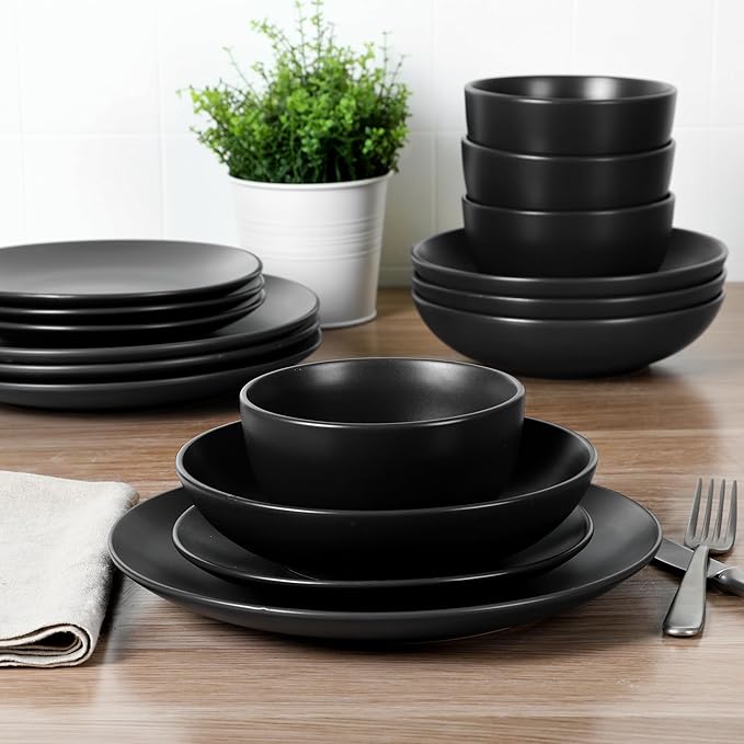 Gibson Home Queenslane 16-Piece Matte Black Stoneware Dinnerware Set – Double Bowl Plates and Bowls, Durable Kitchen Dinner Set