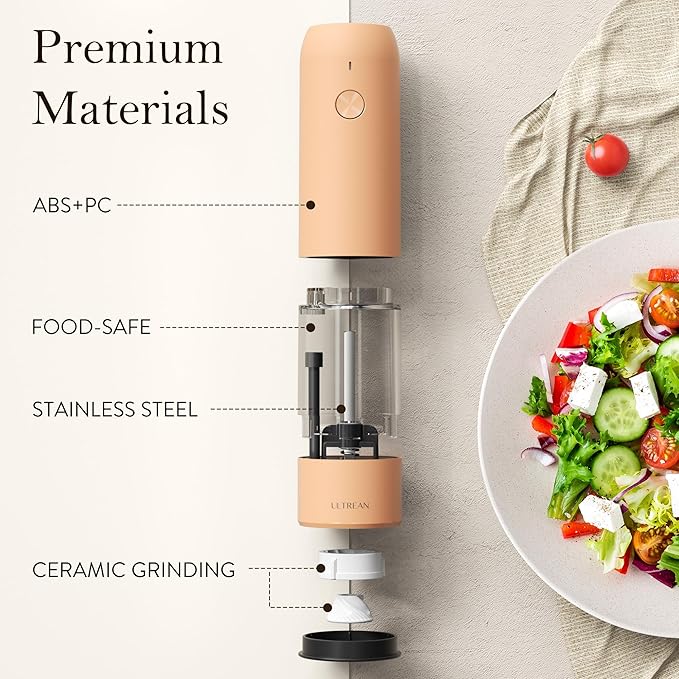 Ultrean Electric Pepper Grinder, Rechargeable Salt and Pepper Grinder with 6 Adjustable Coarseness, LED Light, One-Hand Automatic Operation, Light Orange