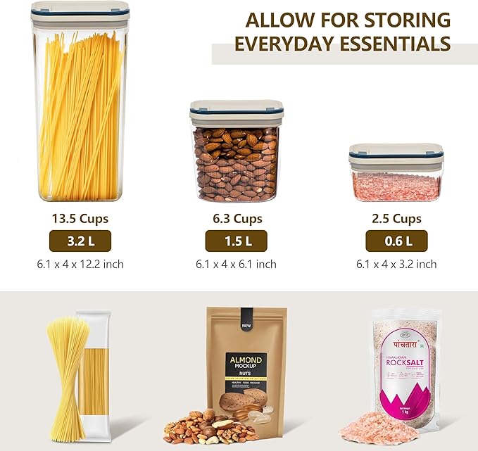 Flip-Lock Airtight Food Storage Containers 4-PC (0.6 Qt*2+1.6 Qt+3.4 Qt), Leakproof Ring Seal Top, Anti-Slip Plastic Pantry Canister for Flour Sugar,Cereal,Coffee,Dog Treat, White