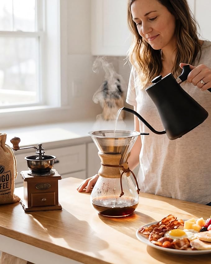 AGOGO Pour Over Coffee Maker Glass - 6/8/10 Cup Barista Kit with 304 Stainless Filter for Home, Office, Camping, Cafes - Easy Clean Coffee Dripper Set (Rag&Brush Included) (8 Cup/28 oz)