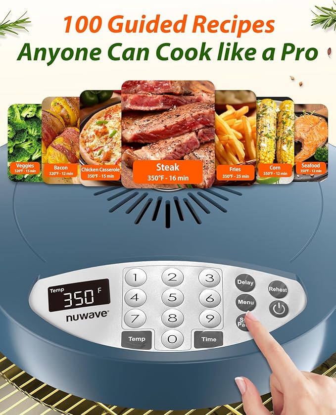 Nuwave Oven Pro Plus Air Fryer, Infra-Red Countertop, 2025 Advanced Convection, No Defrosting or Preheating, Cook Fresh or Frozen, Durable Power Dome, 100 Presets & 50 Memory, PFAS Free, Cozy Blue