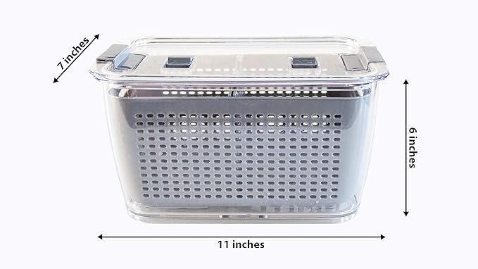 Kitchen Spaces Colander Bin, Produce Saver, Fridge Organizer With Lid, Wash, Strain and Store, Great for Refrigerator, Freezer and Pantry, Large, Gray