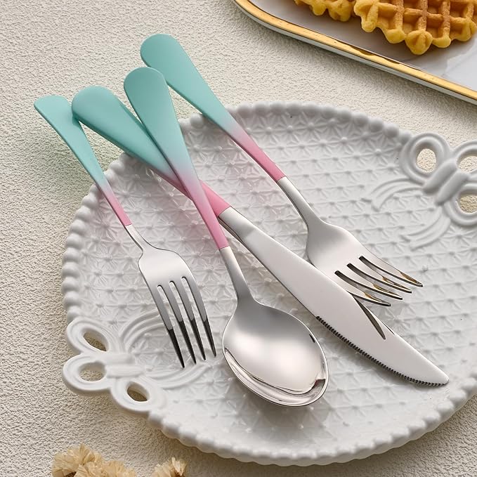 20-Pieces color Silverware Sets for 4,Pink and Green Handle Stainless Steel Cutlery Set, Include Forks Spoons and Knives Set, Dishwasher Safe Utensil Sets for Home Restaurant
