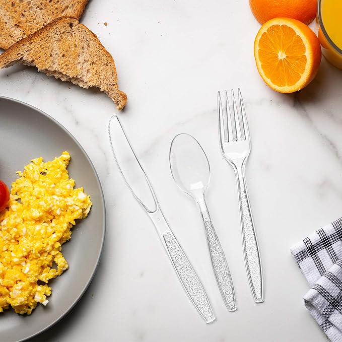 GUSTO [360 Combo Box] Clear Plastic Silverware, Heavy Weight Disposable Utensils - 180 Forks, 120 Spoons, 60 Knives, Perfect for Wedding, Parties and Events - (Formerly Comfy Package)