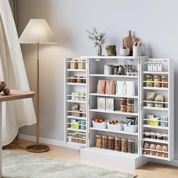 41" Pantry Cabinet with Doors and Adjustable Shelves, White Freestanding Kitchen Storage Cabinet for Snacks and Food, Small Space Pantry Closet