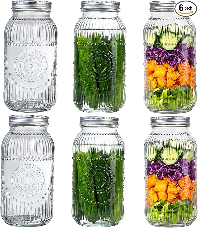 WELLIFE 64oz Mason Jars, 6 Pack Large Mason Jars Wide Mouth for Pickling, Canning, Fermenting and Food Storage, Microwave & Dishwasher Safe