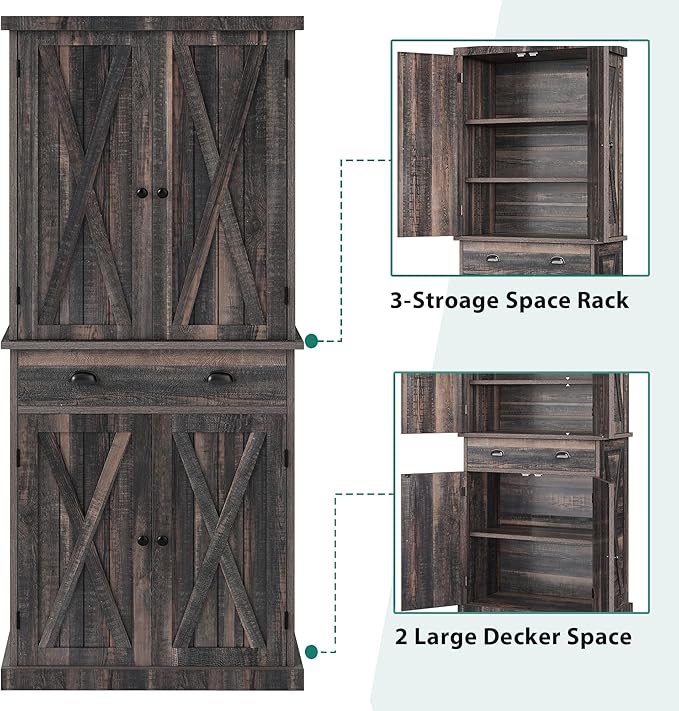 YITAHOME 72'' Tall Kitchen Pantry Cabinets, Farmhouse Storage Cabinets with Barn Doors, Drawer ＆ Adjustable Shelves, Rustic Wood Cupboard for Dining Room, Living Room, Gray Rustic