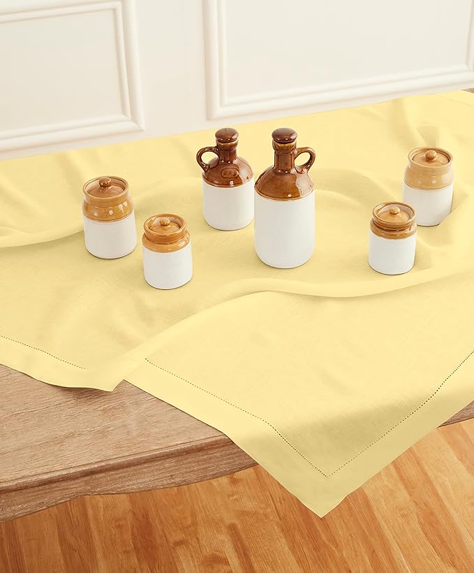 Solino Home Square Linen Tablecloth 52 x 52 Inch - 100% Pure Linen Yellow Table Throw - Classic Hemstitch, Machine Washable Table Cloth for Summer