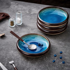 Ceramic Dinner Plates Set of 4, 6 Inch Large Porcelain Pasta and Salad Plates, Stoneware Plate Set for 4, Handmade Round Dishes for Home Decor, Microwave,Oven,and Dishwasher Safe, Blue