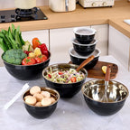 Black Mixing Bowls with Lids Set of 7, Stainless Steel Nesting Bowl with Khaki Lid for Non-slip Mixing Prepping Storing Serving, 7 Sizes-7/3.6/2.7/2.1/1.5/1/0.8 QT