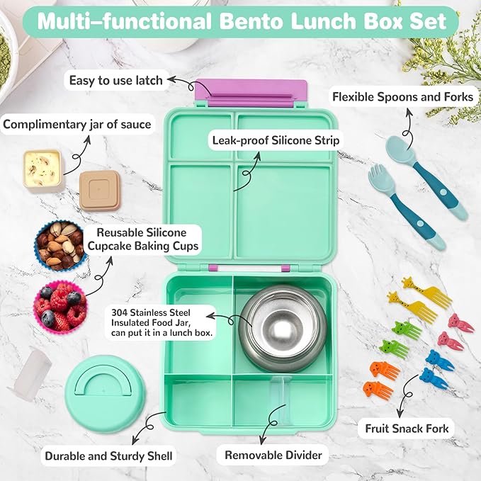 Bento Lunch Box with 9.5 oz Soup Thermo, Kids Leakproof 4 Compartments Bento Box with Silicone Cupcake,Fruit Fork,Spoon and Sauce Cup,Insulated Food Jar for School Travel-Green