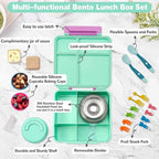 Bento Lunch Box with 9.5 oz Soup Thermo, Kids Leakproof 4 Compartments Bento Box with Silicone Cupcake,Fruit Fork,Spoon and Sauce Cup,Insulated Food Jar for School Travel-Green