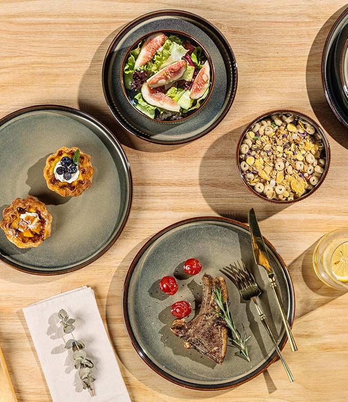 TheTerra Ceramic Dinnerware Sets for 4, 12 Pieces Porcelain Lightweight Speckled Plates and Bowls Sets, Scratch Resistant Dish Set, Oven & Microwave & Dishwasher Safe, Brown