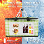 Insulated Picnic Basket,Collapsible Cooler Bag,32L Grocery Basket with Lid,2 Sturdy Handles,Storage Basket for Picnic,Food Delivery,Take Outs,Market Shopping,Travel (Green Grid)