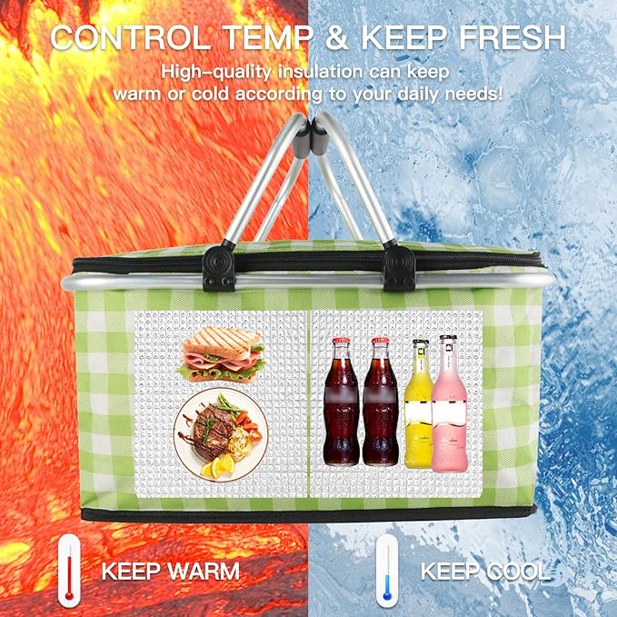Insulated Picnic Basket,Collapsible Cooler Bag,32L Grocery Basket with Lid,2 Sturdy Handles,Storage Basket for Picnic,Food Delivery,Take Outs,Market Shopping,Travel (Green Grid)