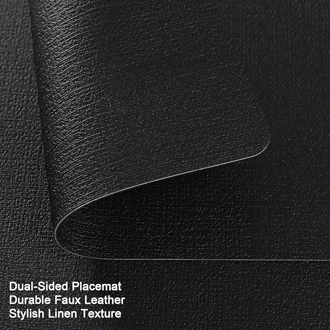 Myir JUN Placemats Dual Sided, Faux Leather Place Mats Set of 8 Indoor Placemats for Dining Table Non-Slip Washable Placemats Heat Resistant Outdoor Table Mats (Set of 8, Black)