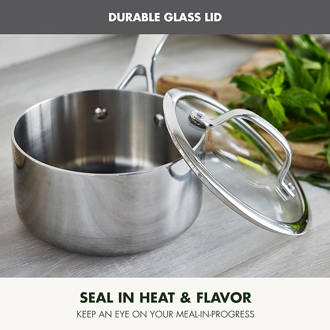 GreenPan Valencia Tri-Ply Stainless Steel 1.6QT Sauce Pan with Lid, Induction Ready, Mirror Finish, Dishwasher Safe & Oven/Broiler Safe to 600F, Compatible with All Cooktops, Chefs Cooking Pot