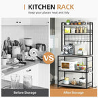 Shintenchi Bakers Rack with Power Outlet, Large Storage Space, 10 Hooks Coffee Bar with Metal Wire Panel, High Microwave Stand, Classic Kitchen Storage Shelf Design, Grey