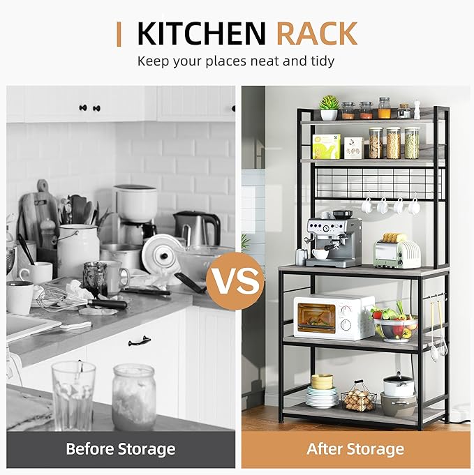Shintenchi Bakers Rack with Power Outlet, Large Storage Space, 10 Hooks Coffee Bar with Metal Wire Panel, High Microwave Stand, Classic Kitchen Storage Shelf Design, Grey