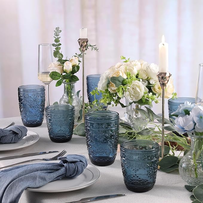 Blue Glassware set of 6, 10OZ Drinking Glasses, Blue Heavy Duty Glass Cups, Old Fashioned Glass, Embossed Glasses Set for Party Wedding Home Office Glassesware Gift