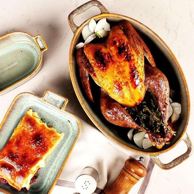 Oval Casserole Dish, 12" x 8" Ceramic Au gratin Baking Dish, 1.6 Qt Large Lasagna Pan Deep for Oven, Baking Pan with Handles - Oven, Microwave, Freezer and Dishwasher safe - Great Gift